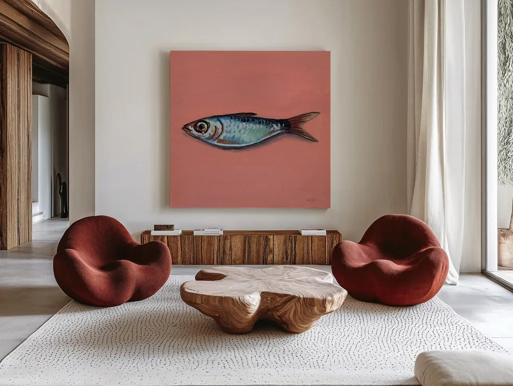 Single Sardine II by Kate Jarvik Birch. Shown as extra-large giant wall art in a modern living room. Available as an archival giclee rolled canvas, fine art paper, or poster print. SKU 100804a.