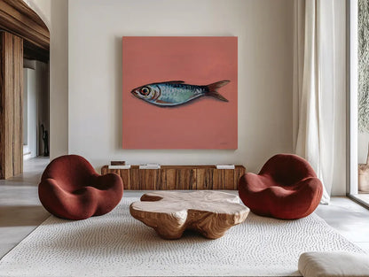 Single Sardine II by Kate Jarvik Birch. Shown as extra-large giant wall art in a modern living room. Available as an archival giclee rolled canvas, fine art paper, or poster print. SKU 100804a.