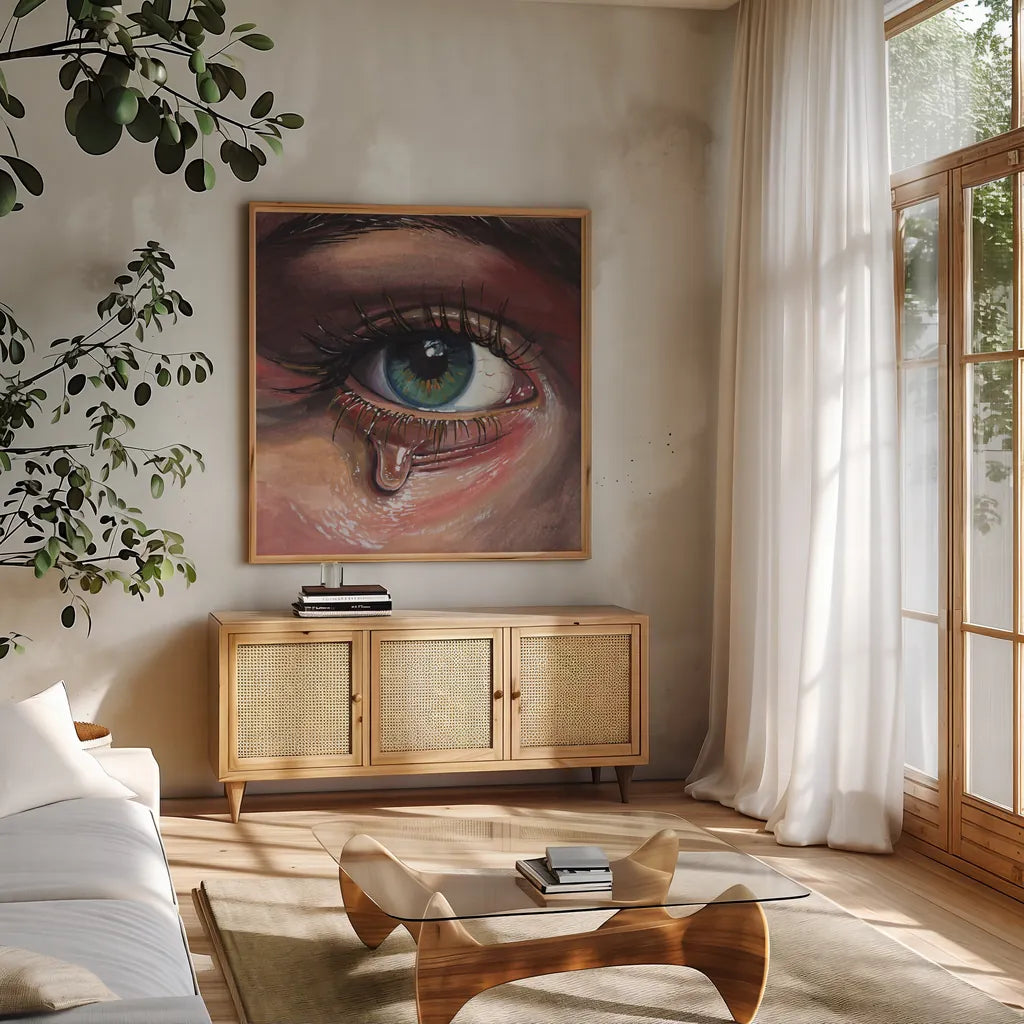 Single Tear by Kate Jarvik Birch. Shown in a natural wood frame in a cozy modern living room. Available as an archival giclee rolled canvas, fine art paper, or poster print. SKU 102969a.