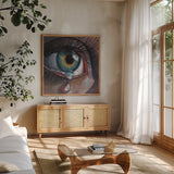 Single Teardrop by Kate Jarvik Birch. Shown in a natural wood frame in a cozy modern living room. Available as an archival giclee rolled canvas, fine art paper, or poster print. SKU 100951a.