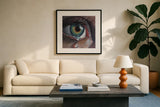 Single Teardrop by Kate Jarvik Birch. Displayed in a glass frame with matte in a clean modern living room. Available as an archival giclee rolled canvas, fine art paper, or poster print. SKU 100951a.