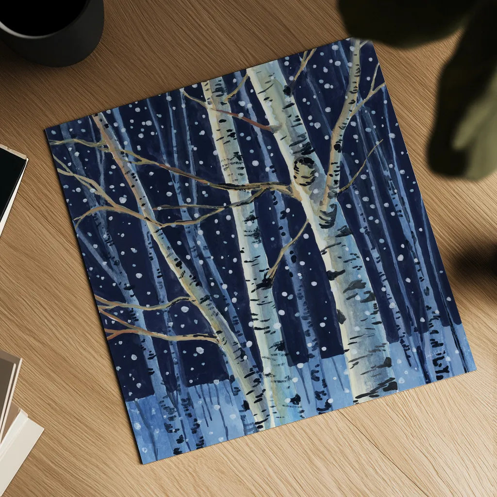 Snowy Birch Grove at Night by Kate Jarvik Birch. Shown as a detailed flat fine art print, highlighting archival giclee quality. Available as an archival giclee rolled canvas, fine art paper, or poster print. SKU 98595a.
