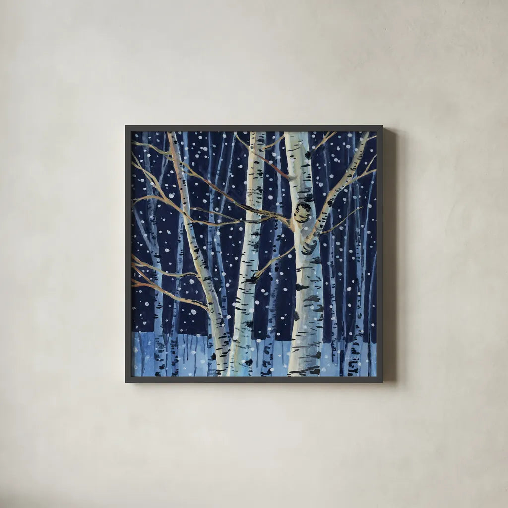 Snowy Birch Grove at Night by Kate Jarvik Birch. Shown in a sleek black glass frame for a contemporary gallery look. Available as an archival giclee rolled canvas, fine art paper, or poster print. SKU 98595a.