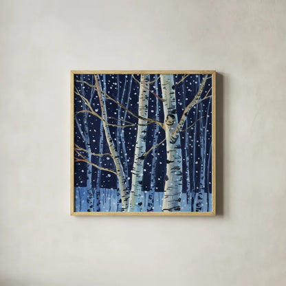 Snowy Birch Grove at Night by Kate Jarvik Birch. Shown in a natural wood glass frame for a timeless modern aesthetic. Available as an archival giclee rolled canvas, fine art paper, or poster print. SKU 98595a.