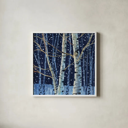 Snowy Birch Grove at Night by Kate Jarvik Birch. Shown in a crisp white glass frame for a clean and minimalist style. Available as an archival giclee rolled canvas, fine art paper, or poster print. SKU 98595a.