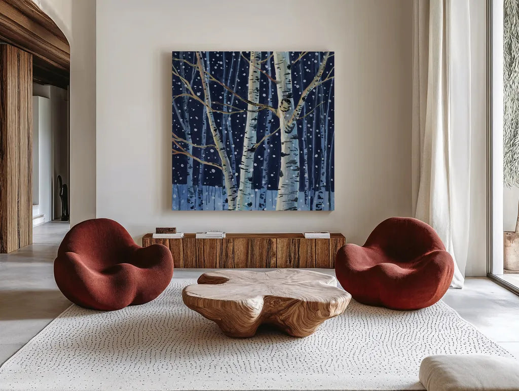 Snowy Birch Grove at Night by Kate Jarvik Birch. Shown as extra-large giant wall art in a modern living room. Available as an archival giclee rolled canvas, fine art paper, or poster print. SKU 98595a.