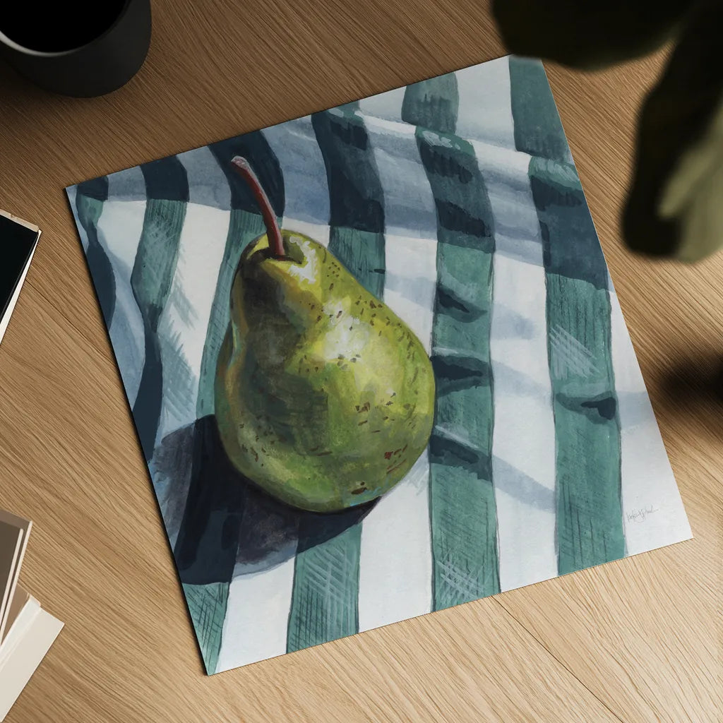 Solo Traveling Pear by Kate Jarvik Birch. Shown as a detailed flat fine art print, highlighting archival giclee quality. Available as an archival giclee rolled canvas, fine art paper, or poster print. SKU 102971a.