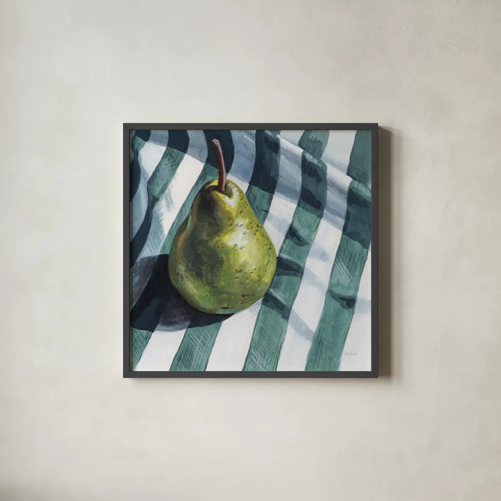 Solo Traveling Pear by Kate Jarvik Birch. Shown in a sleek black glass frame for a contemporary gallery look. Available as an archival giclee rolled canvas, fine art paper, or poster print. SKU 102971a.