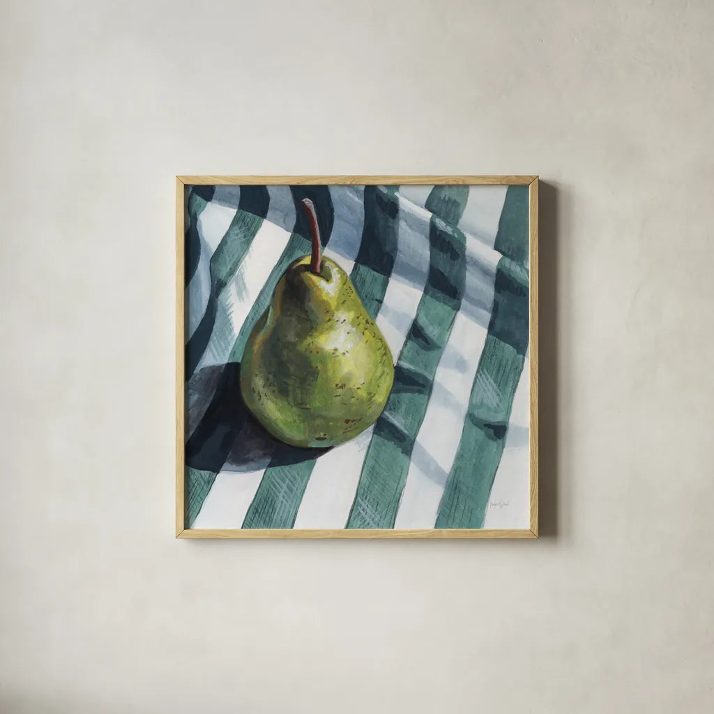 Solo Traveling Pear by Kate Jarvik Birch. Shown in a natural wood glass frame for a timeless modern aesthetic. Available as an archival giclee rolled canvas, fine art paper, or poster print. SKU 102971a.