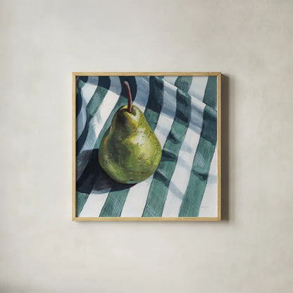Solo Traveling Pear by Kate Jarvik Birch. Shown in a natural wood glass frame for a timeless modern aesthetic. Available as an archival giclee rolled canvas, fine art paper, or poster print. SKU 102971a.