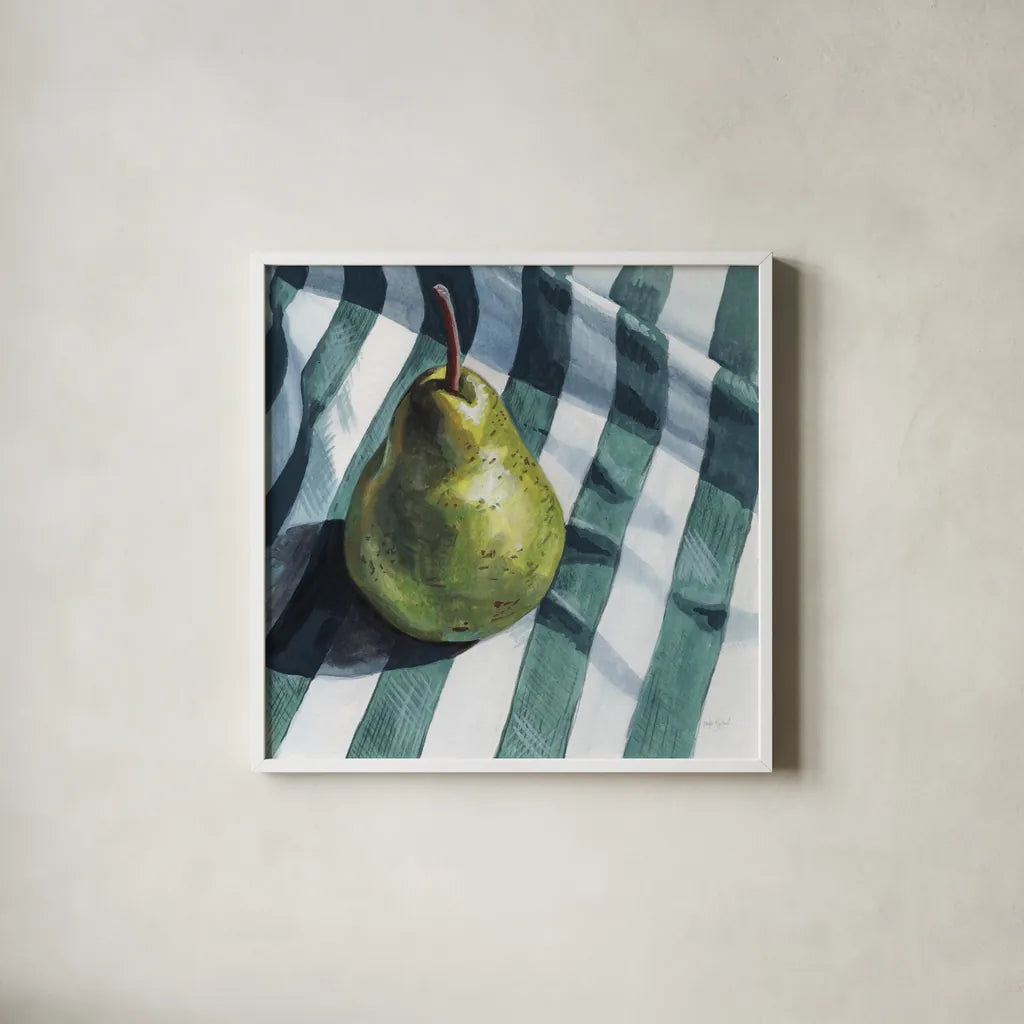 Solo Traveling Pear by Kate Jarvik Birch. Shown in a crisp white glass frame for a clean and minimalist style. Available as an archival giclee rolled canvas, fine art paper, or poster print. SKU 102971a.