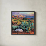Southwest Evening by Kate Jarvik Birch. Shown in a sleek black glass frame for a contemporary gallery look. Available as an archival giclee rolled canvas, fine art paper, or poster print. SKU 104542a.