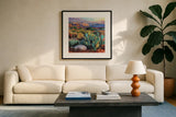 Southwest Evening by Kate Jarvik Birch. Displayed in a glass frame with matte in a clean modern living room. Available as an archival giclee rolled canvas, fine art paper, or poster print. SKU 104542a.