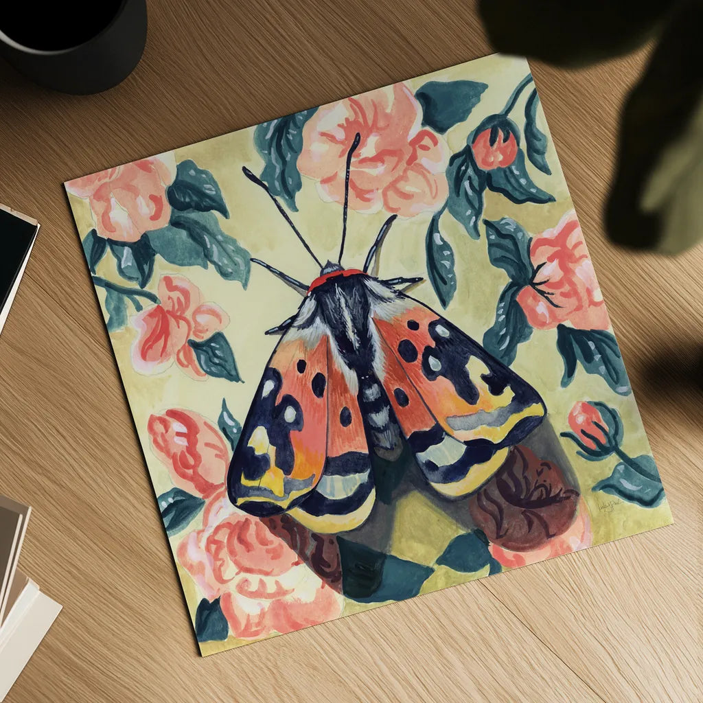 Spring Moth by Kate Jarvik Birch. Shown as a detailed flat fine art print, highlighting archival giclee quality. Available as an archival giclee rolled canvas, fine art paper, or poster print. SKU 97153a.