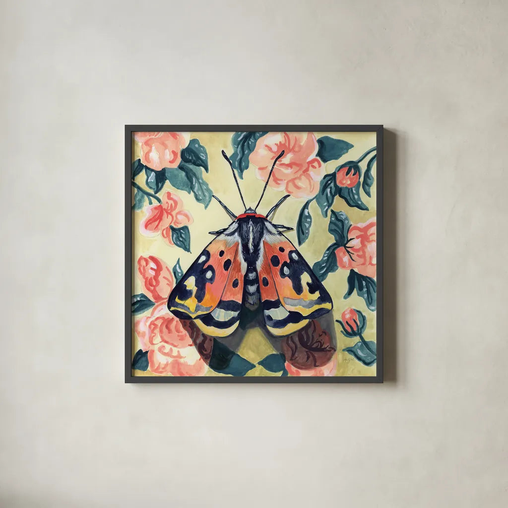 Spring Moth by Kate Jarvik Birch. Shown in a sleek black glass frame for a contemporary gallery look. Available as an archival giclee rolled canvas, fine art paper, or poster print. SKU 97153a.