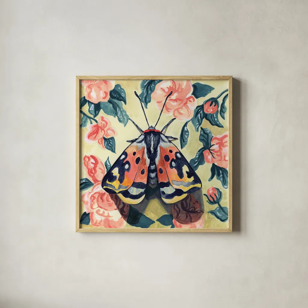 Spring Moth by Kate Jarvik Birch. Shown in a natural wood glass frame for a timeless modern aesthetic. Available as an archival giclee rolled canvas, fine art paper, or poster print. SKU 97153a.