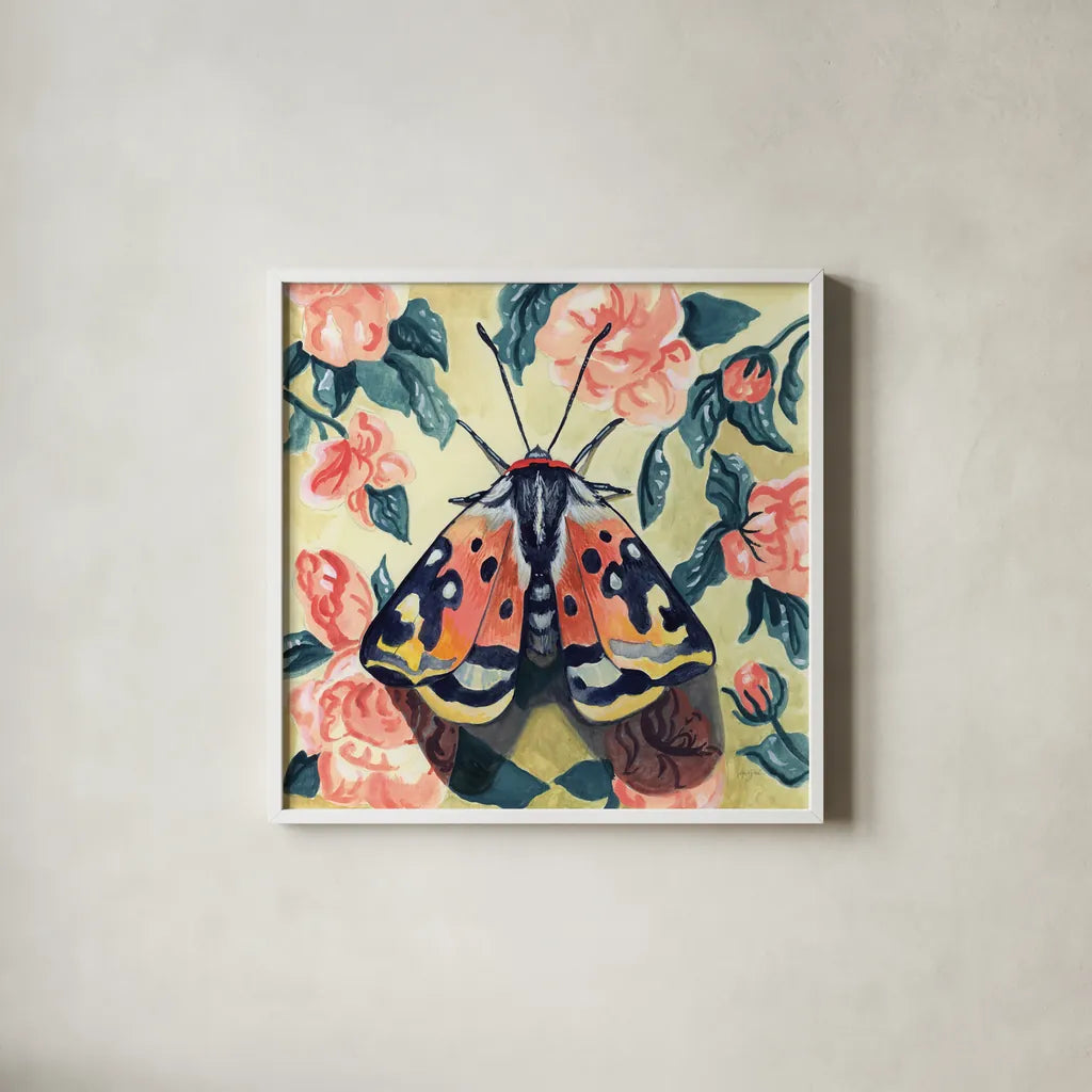 Spring Moth by Kate Jarvik Birch. Shown in a crisp white glass frame for a clean and minimalist style. Available as an archival giclee rolled canvas, fine art paper, or poster print. SKU 97153a.