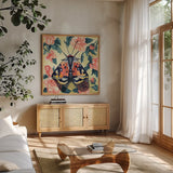 Spring Moth by Kate Jarvik Birch. Shown in a natural wood frame in a cozy modern living room. Available as an archival giclee rolled canvas, fine art paper, or poster print. SKU 97153a.