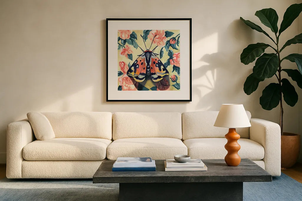 Spring Moth by Kate Jarvik Birch. Displayed in a glass frame with matte in a clean modern living room. Available as an archival giclee rolled canvas, fine art paper, or poster print. SKU 97153a.