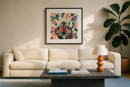 Spring Moth by Kate Jarvik Birch. Displayed in a glass frame with matte in a clean modern living room. Available as an archival giclee rolled canvas, fine art paper, or poster print. SKU 97153a.