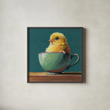 Springtime Cup of Cuteness by Kate Jarvik Birch. Shown in a sleek black glass frame for a contemporary gallery look. Available as an archival giclee rolled canvas, fine art paper, or poster print. SKU 98612a.