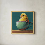 Springtime Cup of Cuteness by Kate Jarvik Birch. Shown in a natural wood glass frame for a timeless modern aesthetic. Available as an archival giclee rolled canvas, fine art paper, or poster print. SKU 98612a.