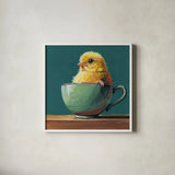 Springtime Cup of Cuteness by Kate Jarvik Birch. Shown in a crisp white glass frame for a clean and minimalist style. Available as an archival giclee rolled canvas, fine art paper, or poster print. SKU 98612a.