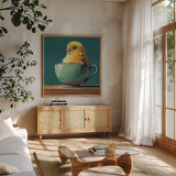 Springtime Cup of Cuteness by Kate Jarvik Birch. Shown in a natural wood frame in a cozy modern living room. Available as an archival giclee rolled canvas, fine art paper, or poster print. SKU 98612a.