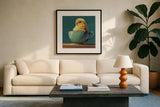 Springtime Cup of Cuteness by Kate Jarvik Birch. Displayed in a glass frame with matte in a clean modern living room. Available as an archival giclee rolled canvas, fine art paper, or poster print. SKU 98612a.