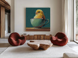 Springtime Cup of Cuteness by Kate Jarvik Birch. Shown as extra-large giant wall art in a modern living room. Available as an archival giclee rolled canvas, fine art paper, or poster print. SKU 98612a.