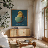Springtime Cup of Cuteness I v2 by Kate Jarvik Birch. Shown in a natural wood frame in a cozy modern living room. Available as an archival giclee rolled canvas, fine art paper, or poster print. SKU 101772a.