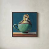 Springtime Cup of Cuteness II by Kate Jarvik Birch. Shown in a sleek black glass frame for a contemporary gallery look. Available as an archival giclee rolled canvas, fine art paper, or poster print. SKU 101157a.