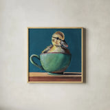 Springtime Cup of Cuteness II by Kate Jarvik Birch. Shown in a natural wood glass frame for a timeless modern aesthetic. Available as an archival giclee rolled canvas, fine art paper, or poster print. SKU 101157a.