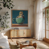 Springtime Cup of Cuteness II by Kate Jarvik Birch. Shown in a natural wood frame in a cozy modern living room. Available as an archival giclee rolled canvas, fine art paper, or poster print. SKU 101157a.
