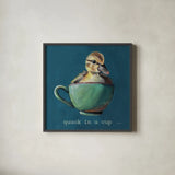 Springtime Cup of Cuteness II v2 by Kate Jarvik Birch. Shown in a sleek black glass frame for a contemporary gallery look. Available as an archival giclee rolled canvas, fine art paper, or poster print. SKU 101773a.
