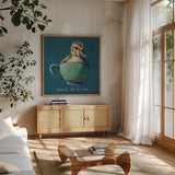 Springtime Cup of Cuteness II v2 by Kate Jarvik Birch. Shown in a natural wood frame in a cozy modern living room. Available as an archival giclee rolled canvas, fine art paper, or poster print. SKU 101773a.