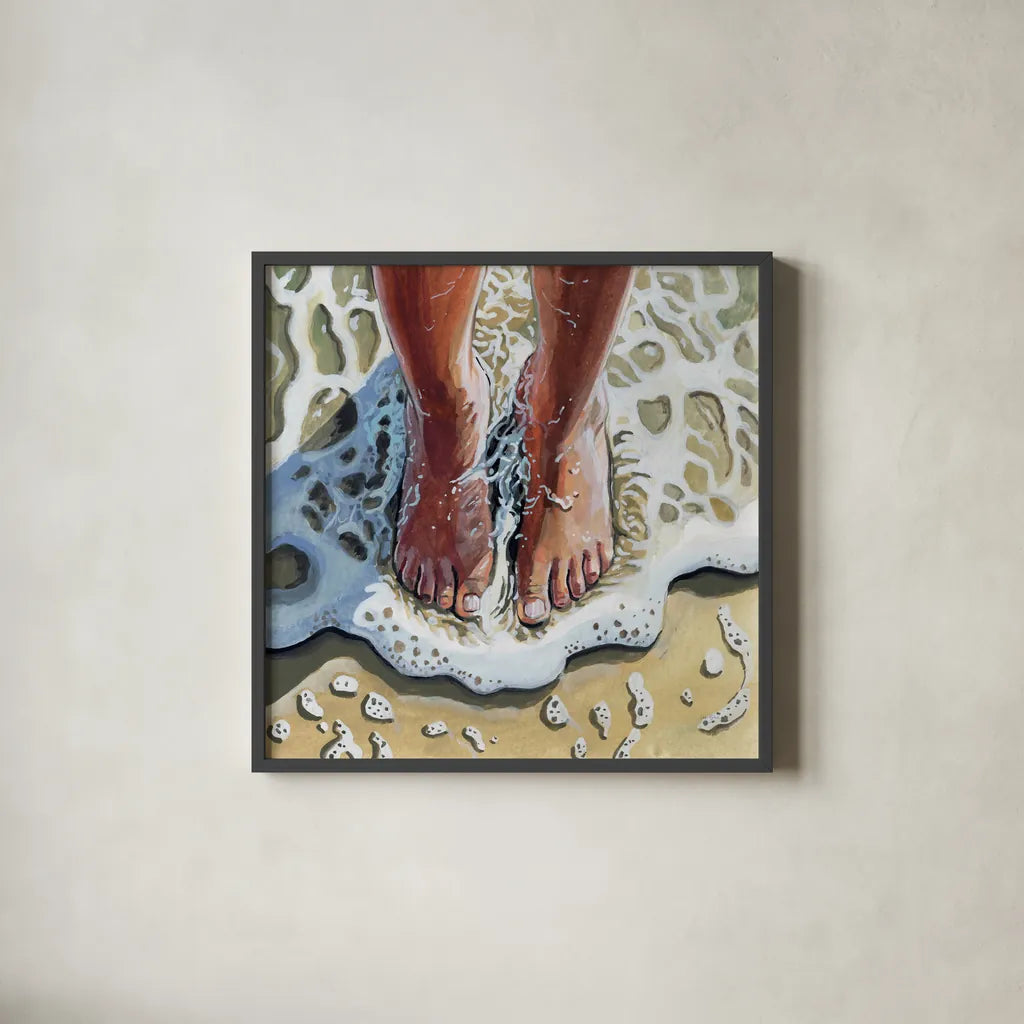 Standing In The Waves by Kate Jarvik Birch. Shown in a sleek black glass frame for a contemporary gallery look. Available as an archival giclee rolled canvas, fine art paper, or poster print. SKU 98532a.