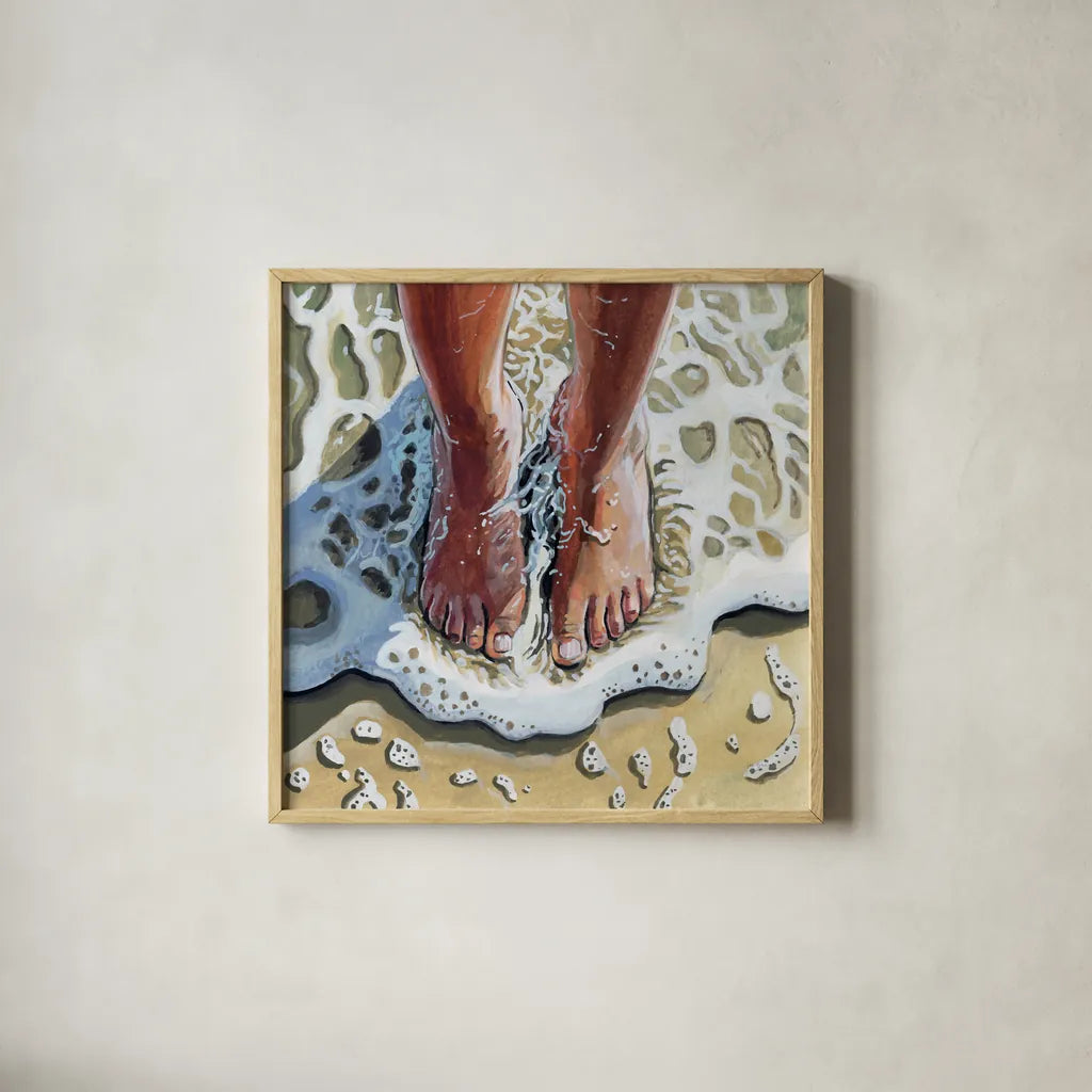Standing In The Waves by Kate Jarvik Birch. Shown in a natural wood glass frame for a timeless modern aesthetic. Available as an archival giclee rolled canvas, fine art paper, or poster print. SKU 98532a.