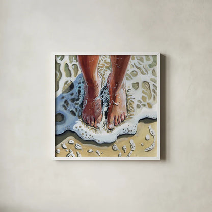 Standing In The Waves by Kate Jarvik Birch. Shown in a crisp white glass frame for a clean and minimalist style. Available as an archival giclee rolled canvas, fine art paper, or poster print. SKU 98532a.