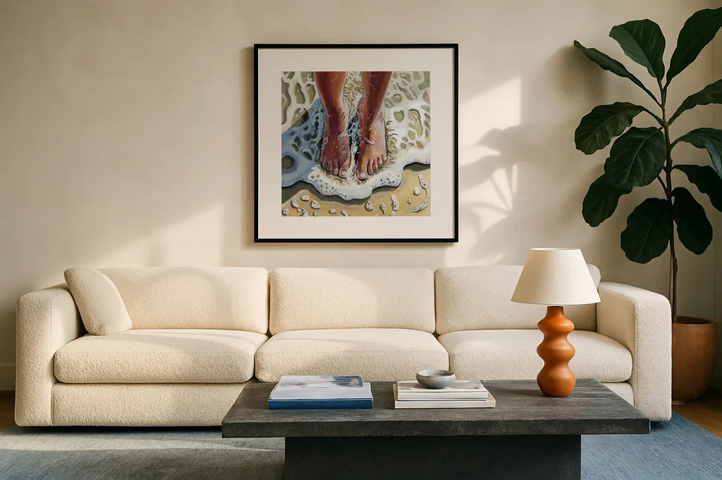 Standing In The Waves by Kate Jarvik Birch. Displayed in a glass frame with matte in a clean modern living room. Available as an archival giclee rolled canvas, fine art paper, or poster print. SKU 98532a.