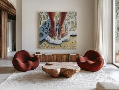 Standing In The Waves by Kate Jarvik Birch. Shown as extra-large giant wall art in a modern living room. Available as an archival giclee rolled canvas, fine art paper, or poster print. SKU 98532a.