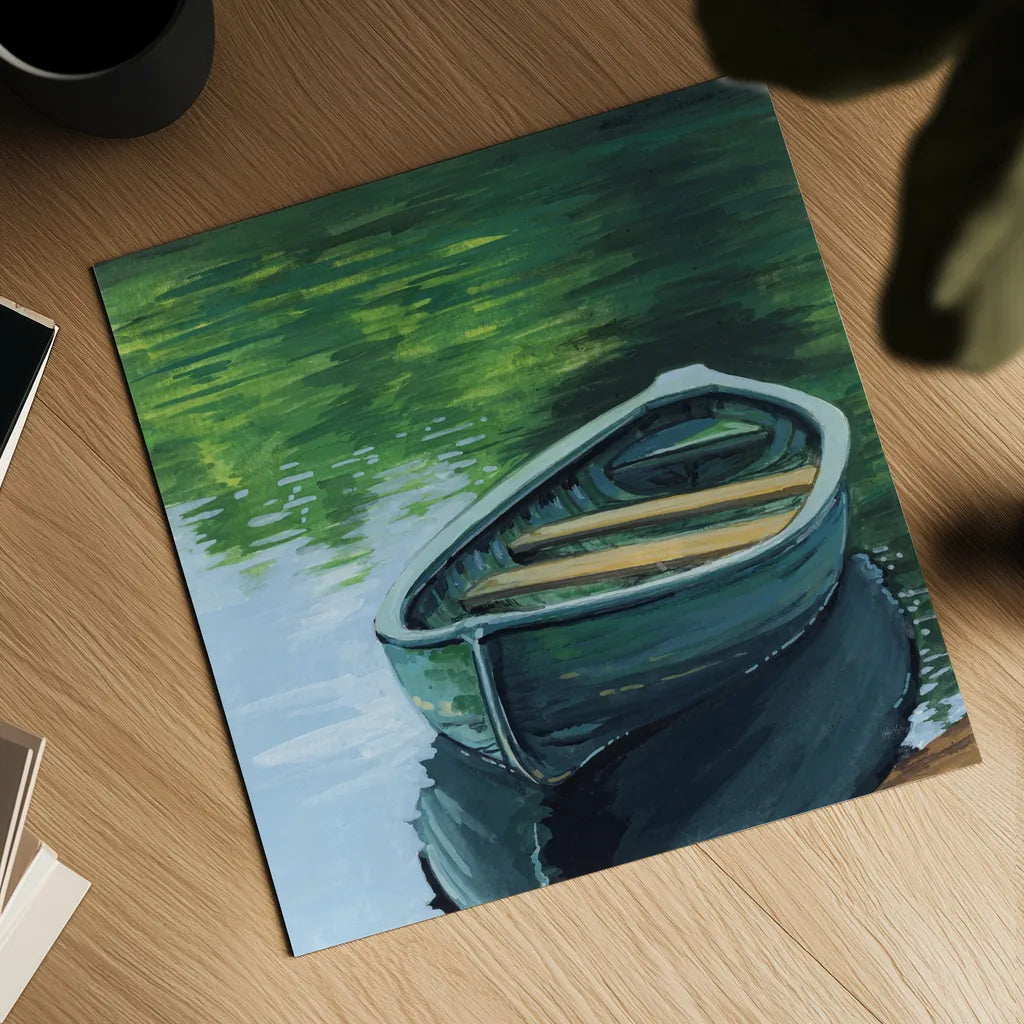 Still Boat in The Lake by Kate Jarvik Birch. Shown as a detailed flat fine art print, highlighting archival giclee quality. Available as an archival giclee rolled canvas, fine art paper, or poster print. SKU 98533a.
