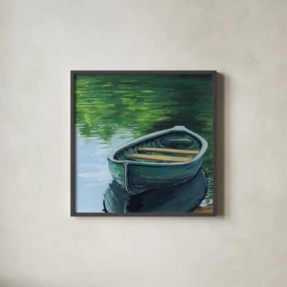 Still Boat in The Lake by Kate Jarvik Birch. Shown in a sleek black glass frame for a contemporary gallery look. Available as an archival giclee rolled canvas, fine art paper, or poster print. SKU 98533a.