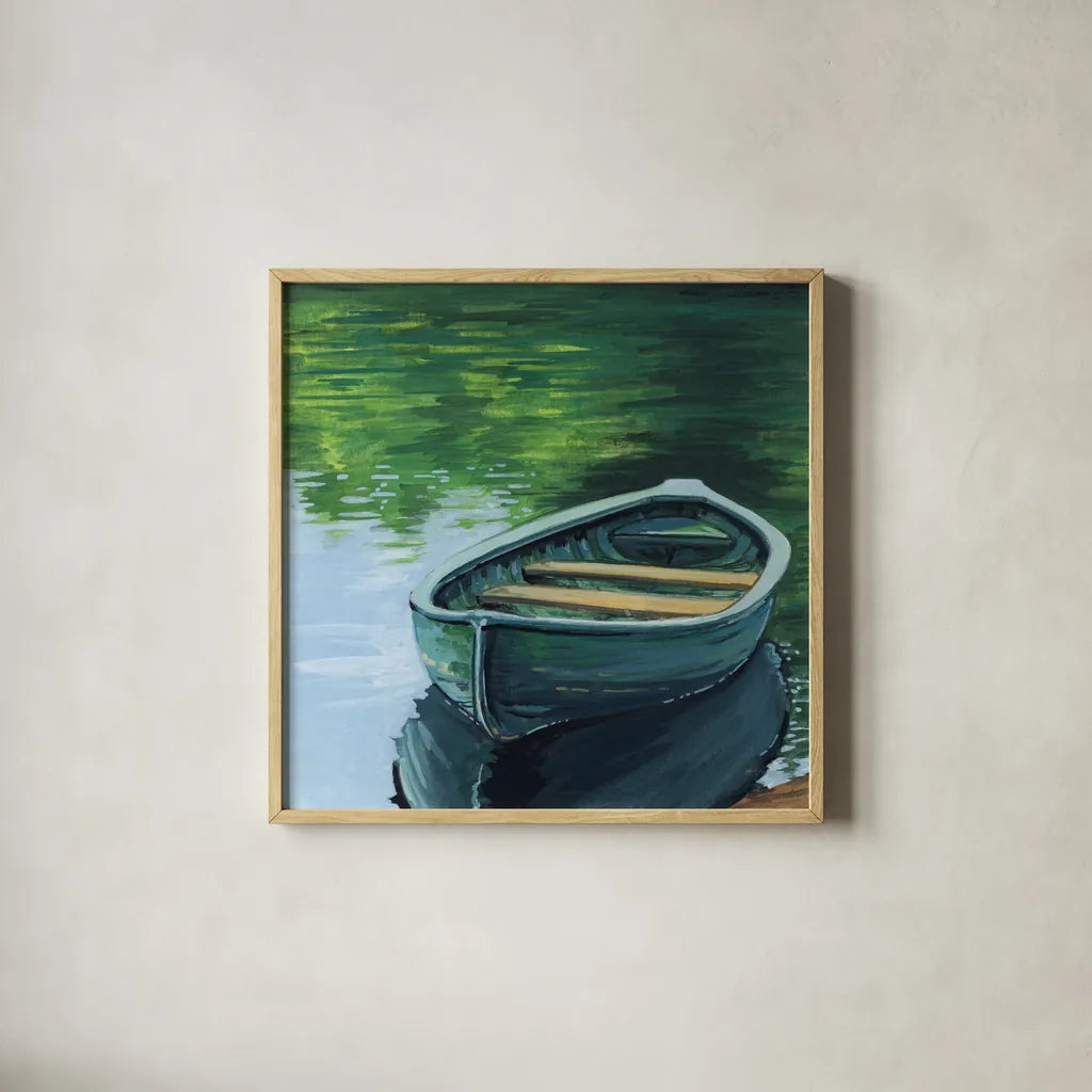 Still Boat in The Lake by Kate Jarvik Birch. Shown in a natural wood glass frame for a timeless modern aesthetic. Available as an archival giclee rolled canvas, fine art paper, or poster print. SKU 98533a.