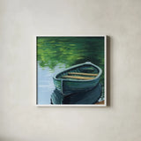 Still Boat in The Lake by Kate Jarvik Birch. Shown in a crisp white glass frame for a clean and minimalist style. Available as an archival giclee rolled canvas, fine art paper, or poster print. SKU 98533a.