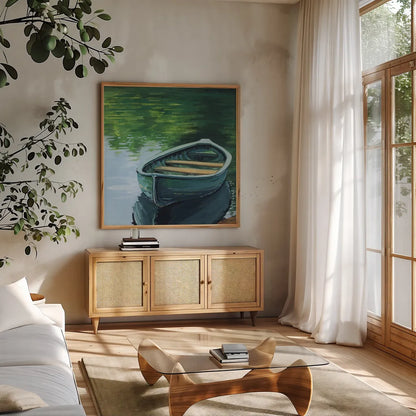 Still Boat in The Lake by Kate Jarvik Birch. Shown in a natural wood frame in a cozy modern living room. Available as an archival giclee rolled canvas, fine art paper, or poster print. SKU 98533a.