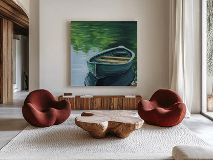 Still Boat in The Lake by Kate Jarvik Birch. Shown as extra-large giant wall art in a modern living room. Available as an archival giclee rolled canvas, fine art paper, or poster print. SKU 98533a.