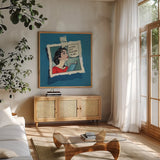 Stop Talking To Me by Kate Jarvik Birch. Shown in a natural wood frame in a cozy modern living room. Available as an archival giclee rolled canvas, fine art paper, or poster print. SKU 98534a.