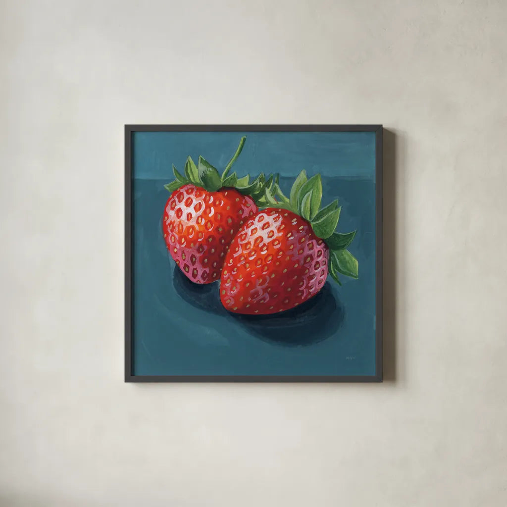 Strawberry Couple Portrait by Kate Jarvik Birch. Shown in a sleek black glass frame for a contemporary gallery look. Available as an archival giclee rolled canvas, fine art paper, or poster print. SKU 98535a.
