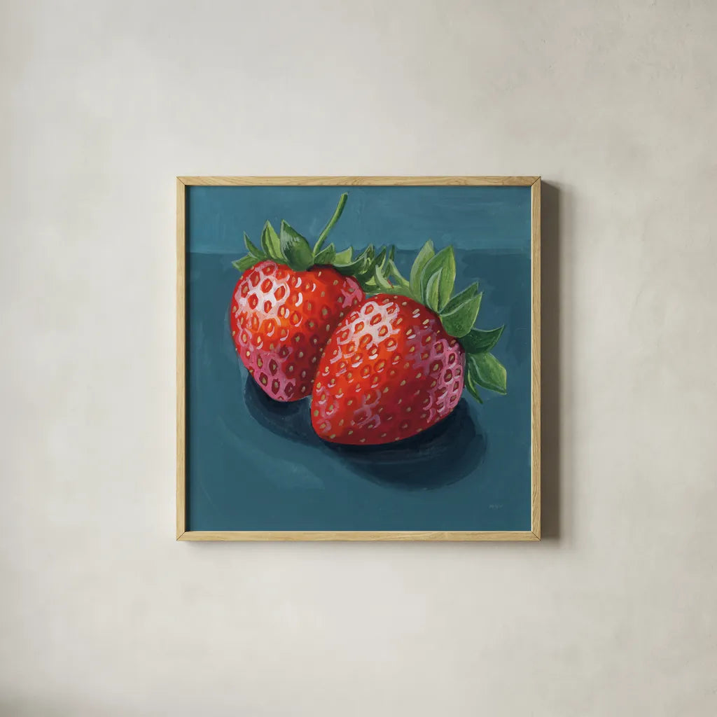 Strawberry Couple Portrait by Kate Jarvik Birch. Shown in a natural wood glass frame for a timeless modern aesthetic. Available as an archival giclee rolled canvas, fine art paper, or poster print. SKU 98535a.